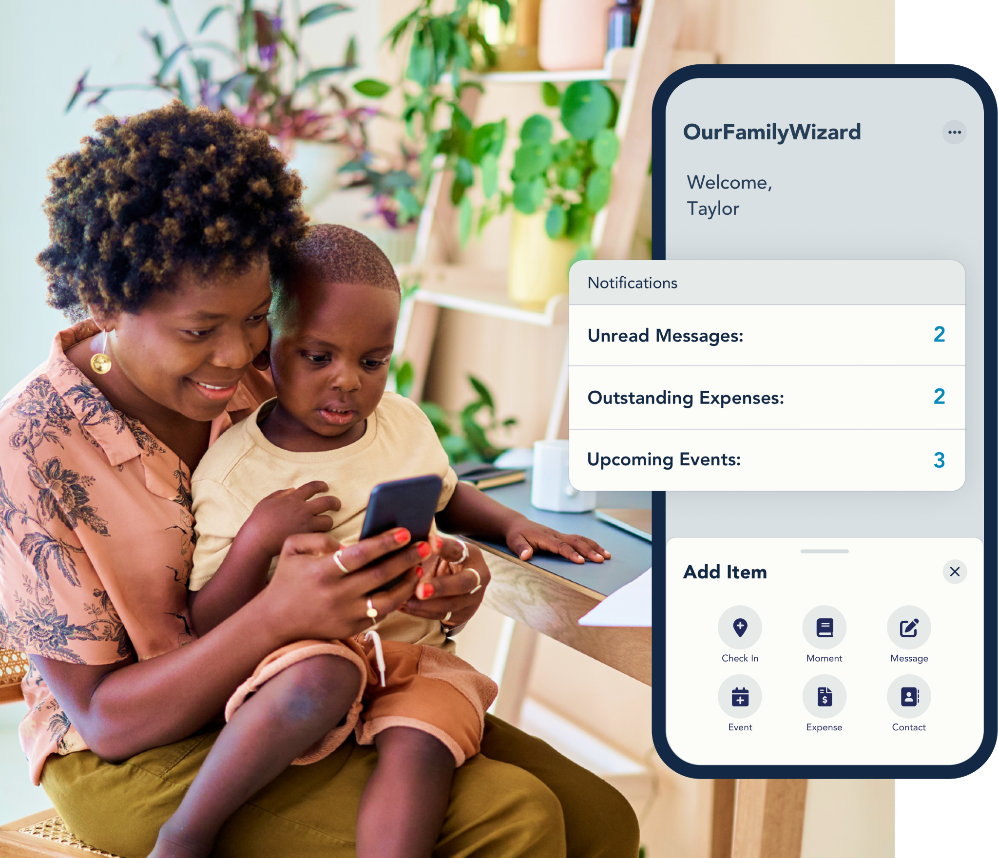 OurFamilyWizard app homescreen and notifications