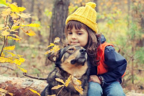 On a fall hike, little girl takes a break on a log and rests her chin on the top of her dog's head.