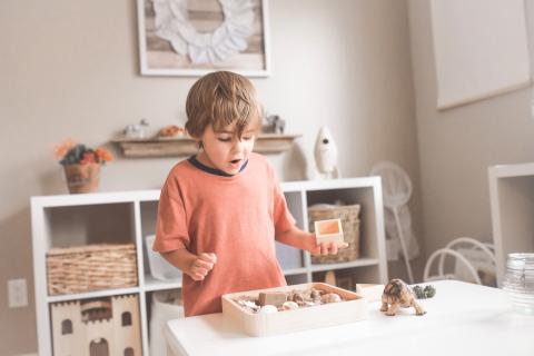 A young boy cleans his play area by putting his toys into a small box.