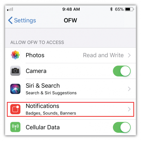 In your device's permissions settings for the OFW app, tap notifications to manage your push notifications.