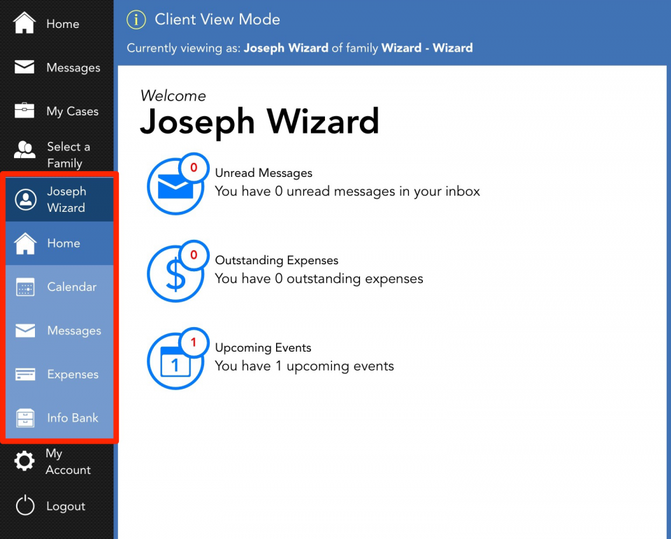 Use the blue tabs to navigate through your client's account when viewing as a parent.